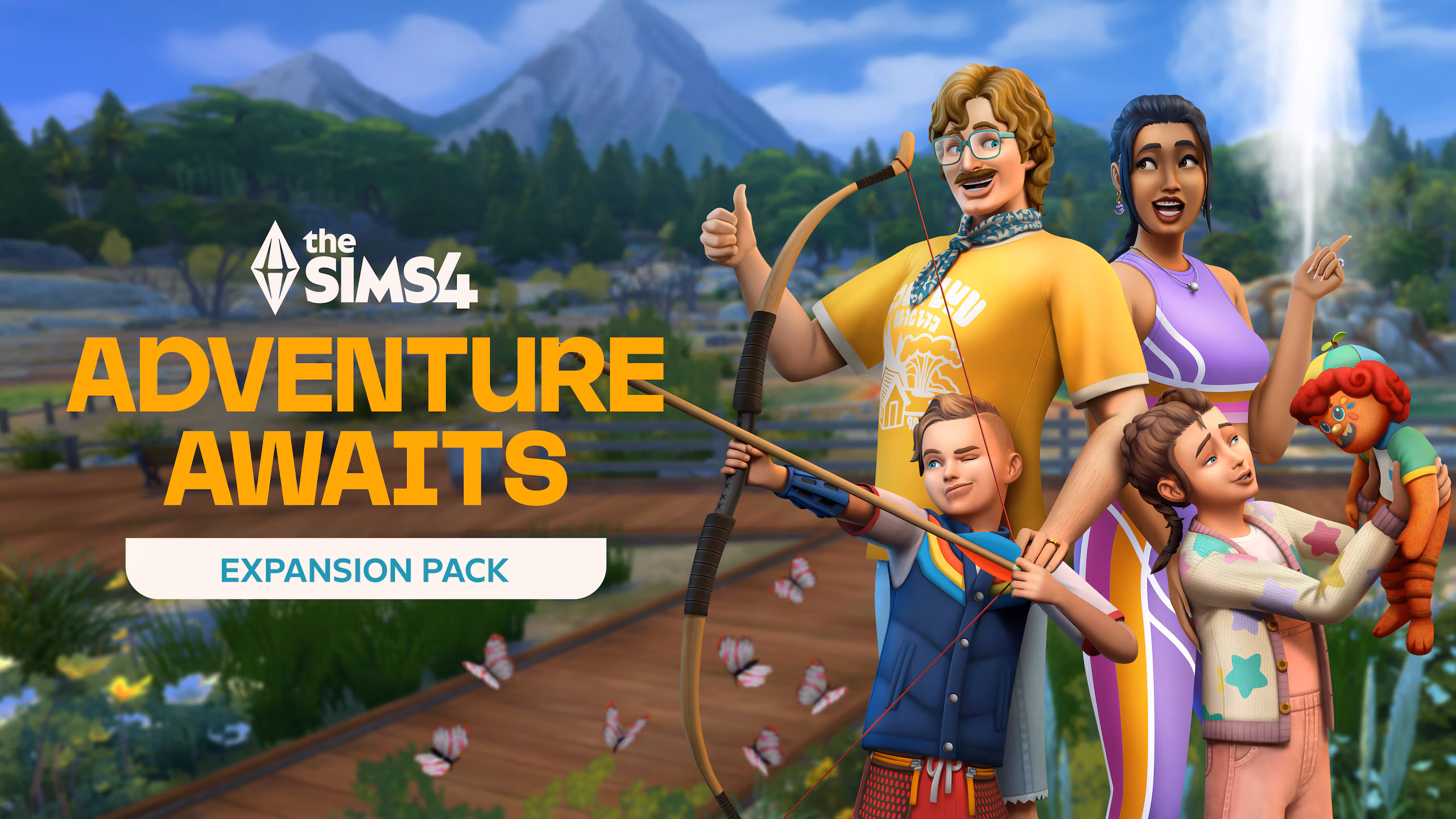 Een sims gezin van een vader een moeder en twee kinderen die poseren met een pijl en boog