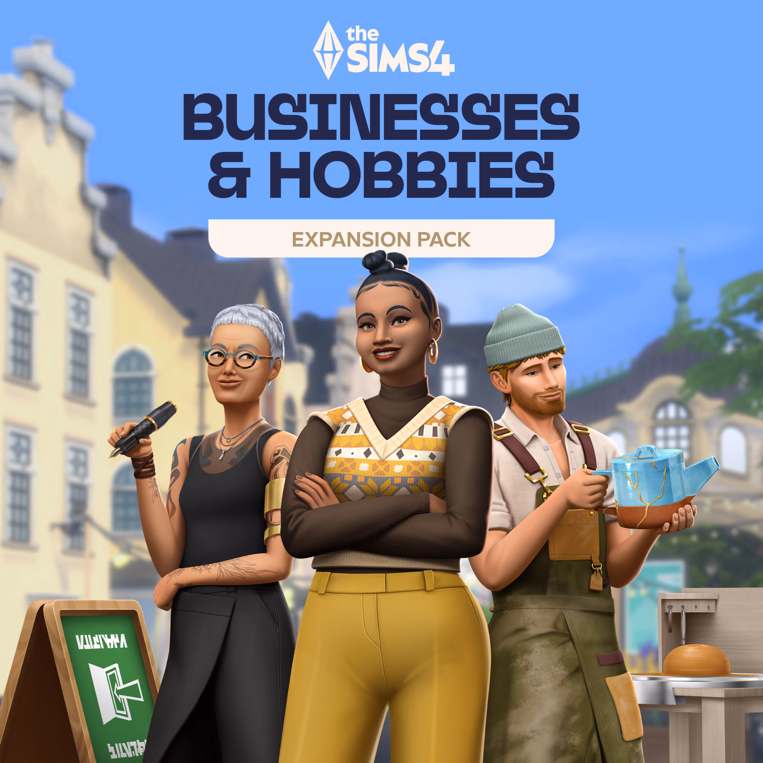 Drie verschillende sims karakters geposeerd met de tekst The sims 4Businesses and hobbies expension pack