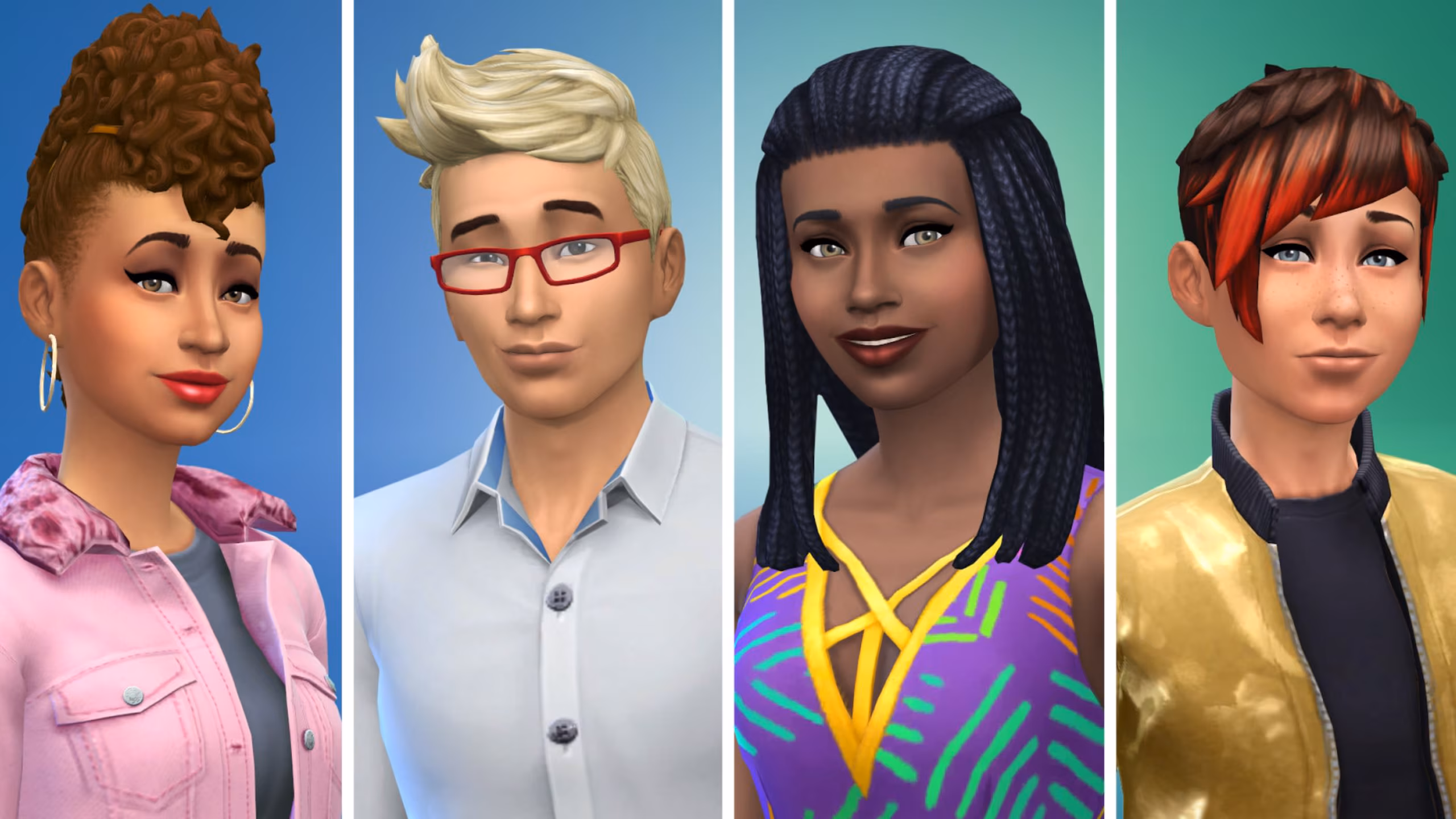 Close up van vier verschillende Sims karakters