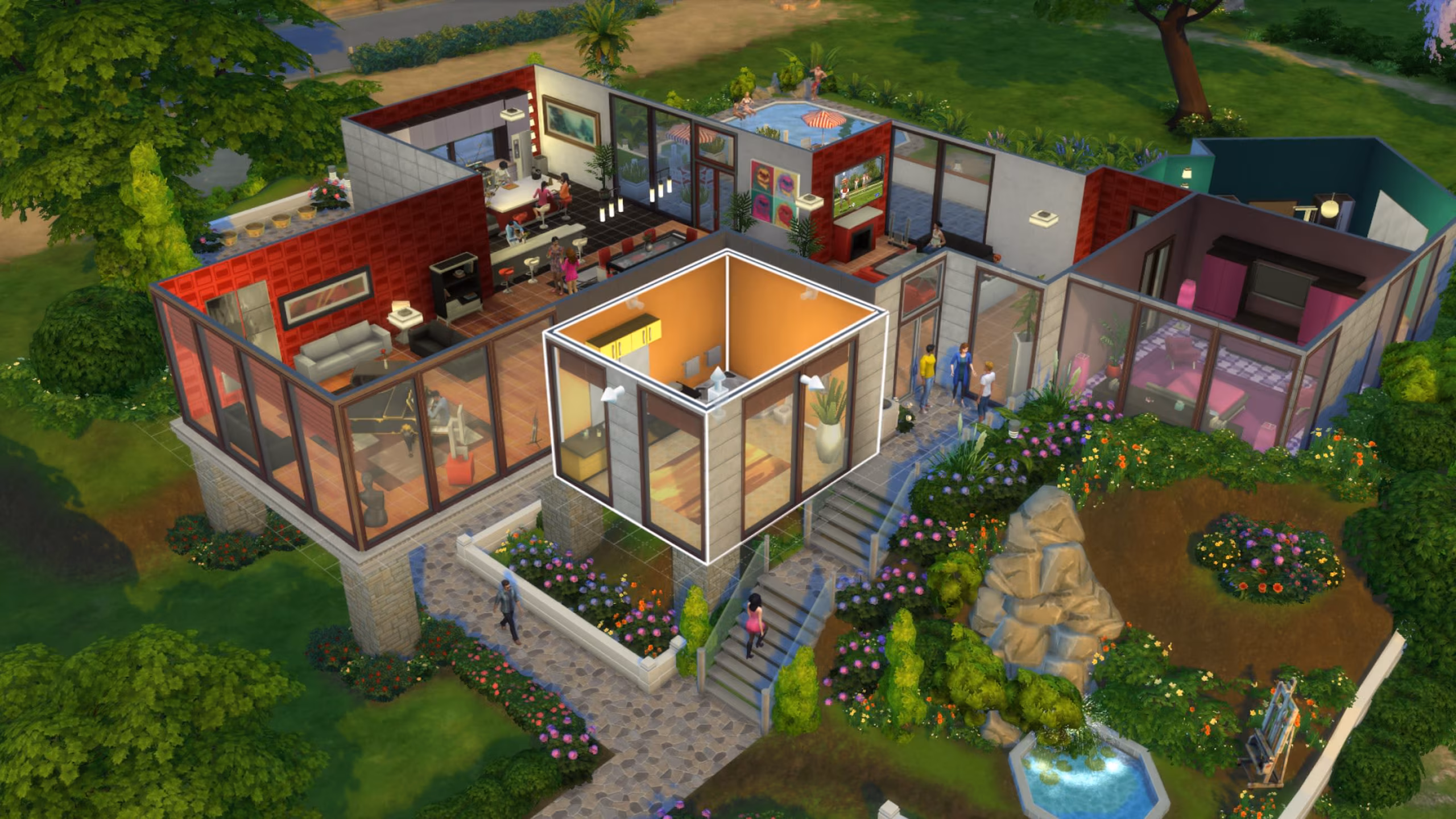 Bovenaanzicht van een modern Sims huis met verschillende kamers en een zwembad