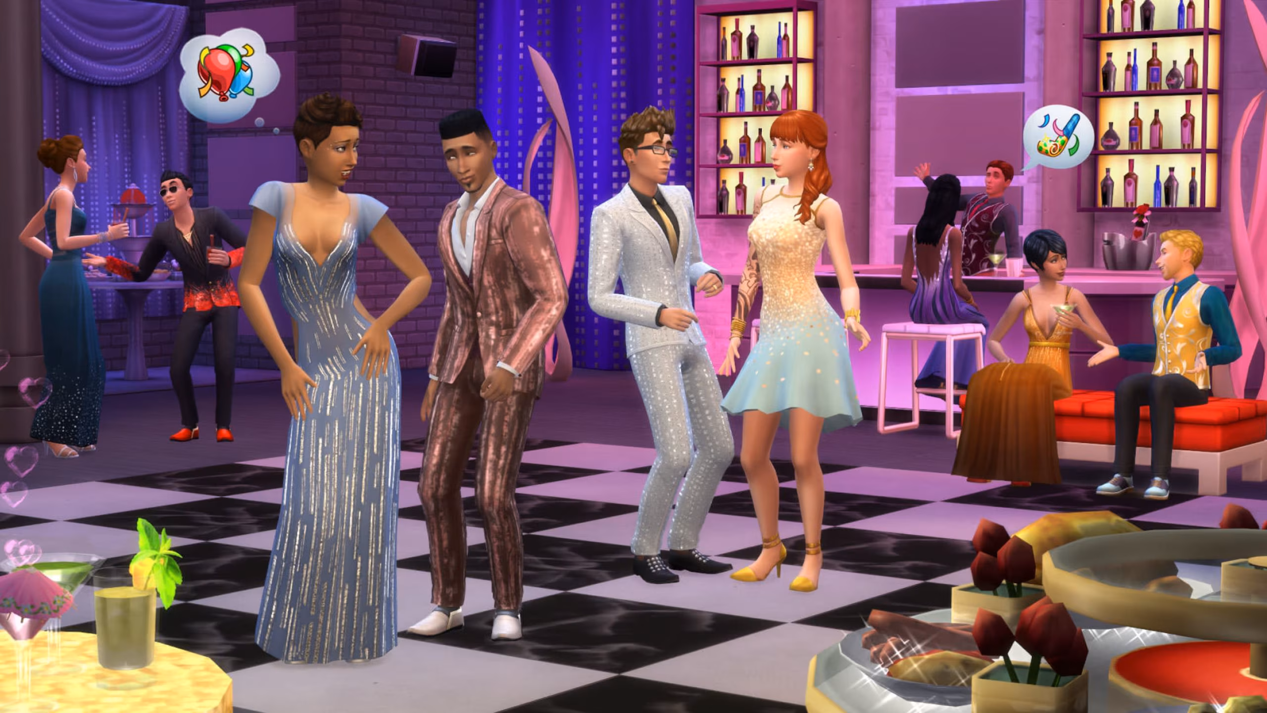 Verschillende Sims karakters op een gala, dansend op de dansvloer