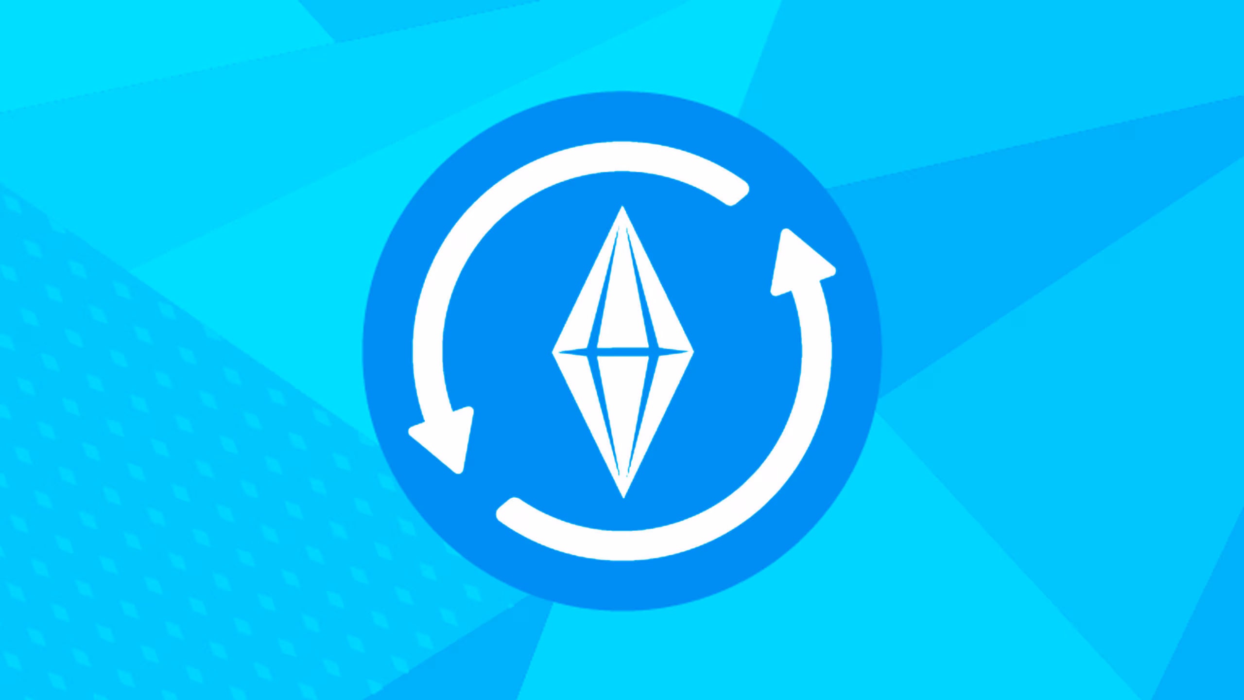 Het Sims 4 logo in het blauw op een lichtblauwe achtergrond, met 2 ronde pijlen om het logo heen