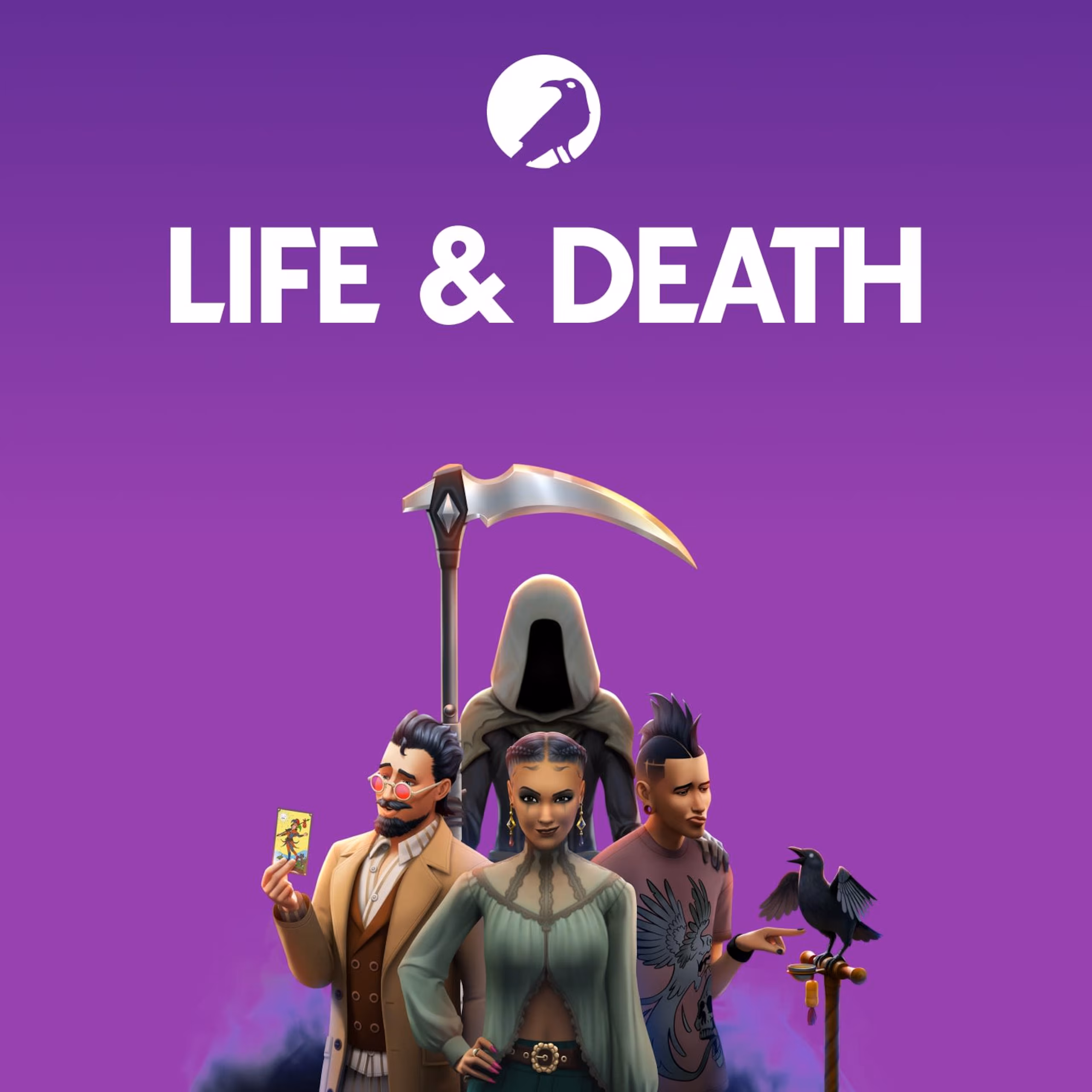Drie verschillende sims karakters geposeerd met de tekst Life & Death