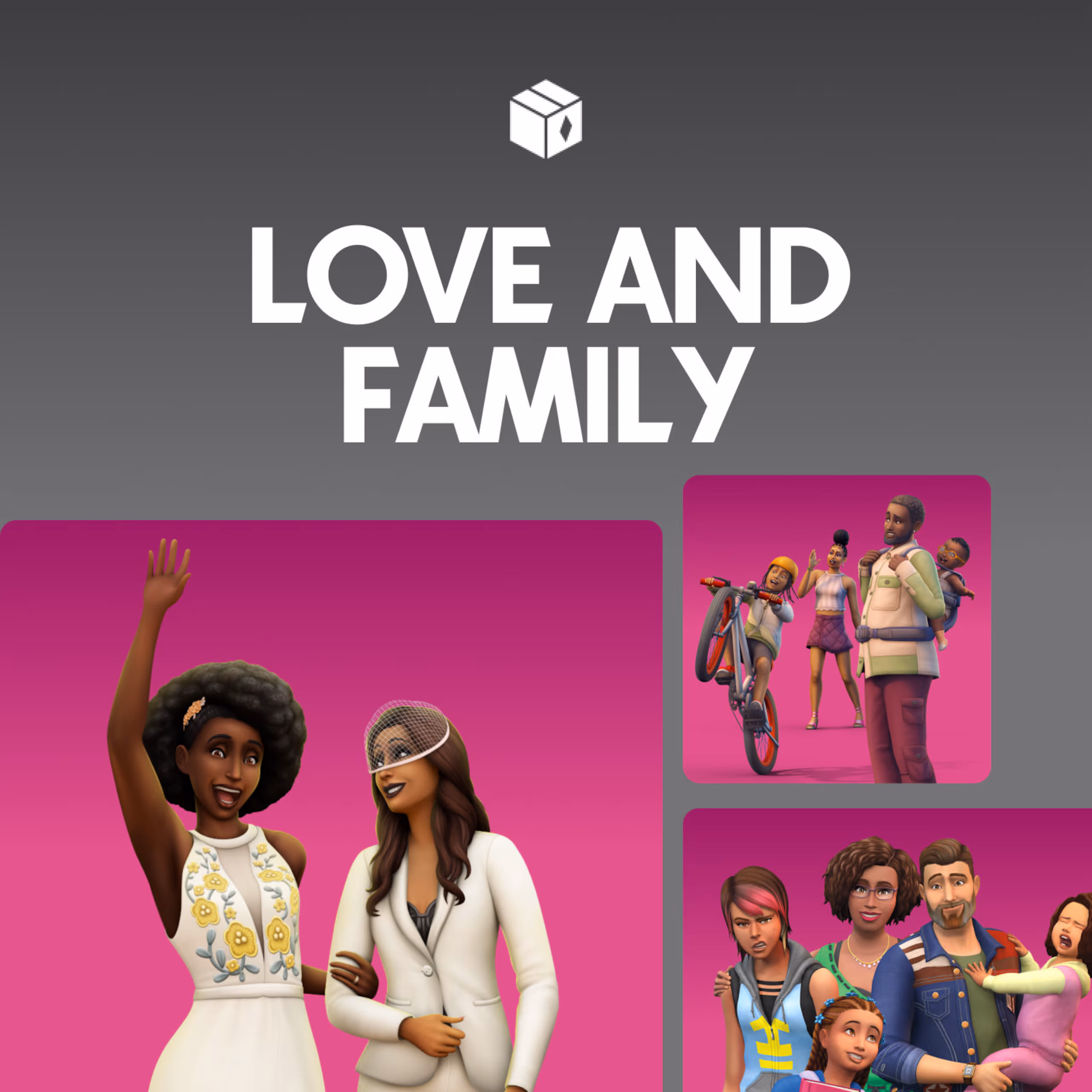 Een collage van verschillende Sims karakters met hun familie of partner met de tekst Love And Family