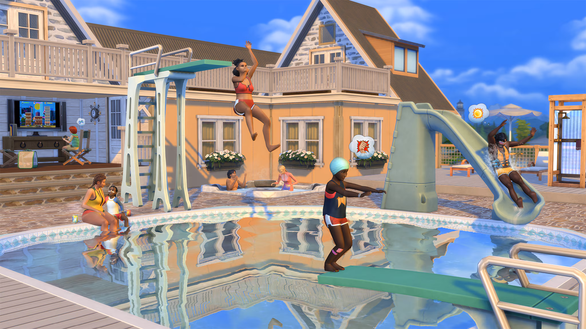 Verschillende sims karakters die aan het spelen zijn in een zwembad