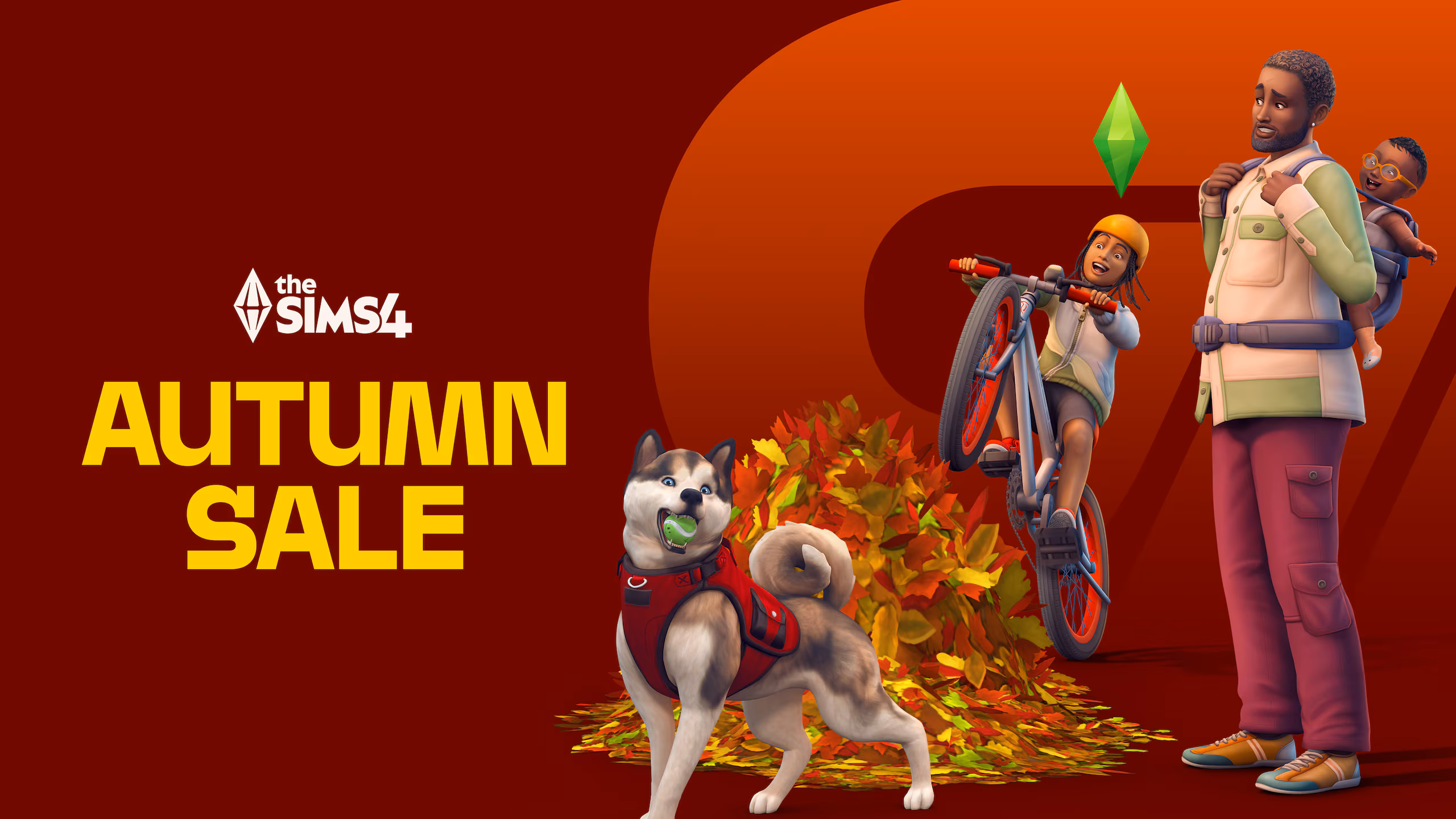 Afbeelding van een Sims gezin van een vader, een baby, een zoon en een hond, aan het spelen met herfstbladeren met de tekst The sims 4 Autumn Sale 
