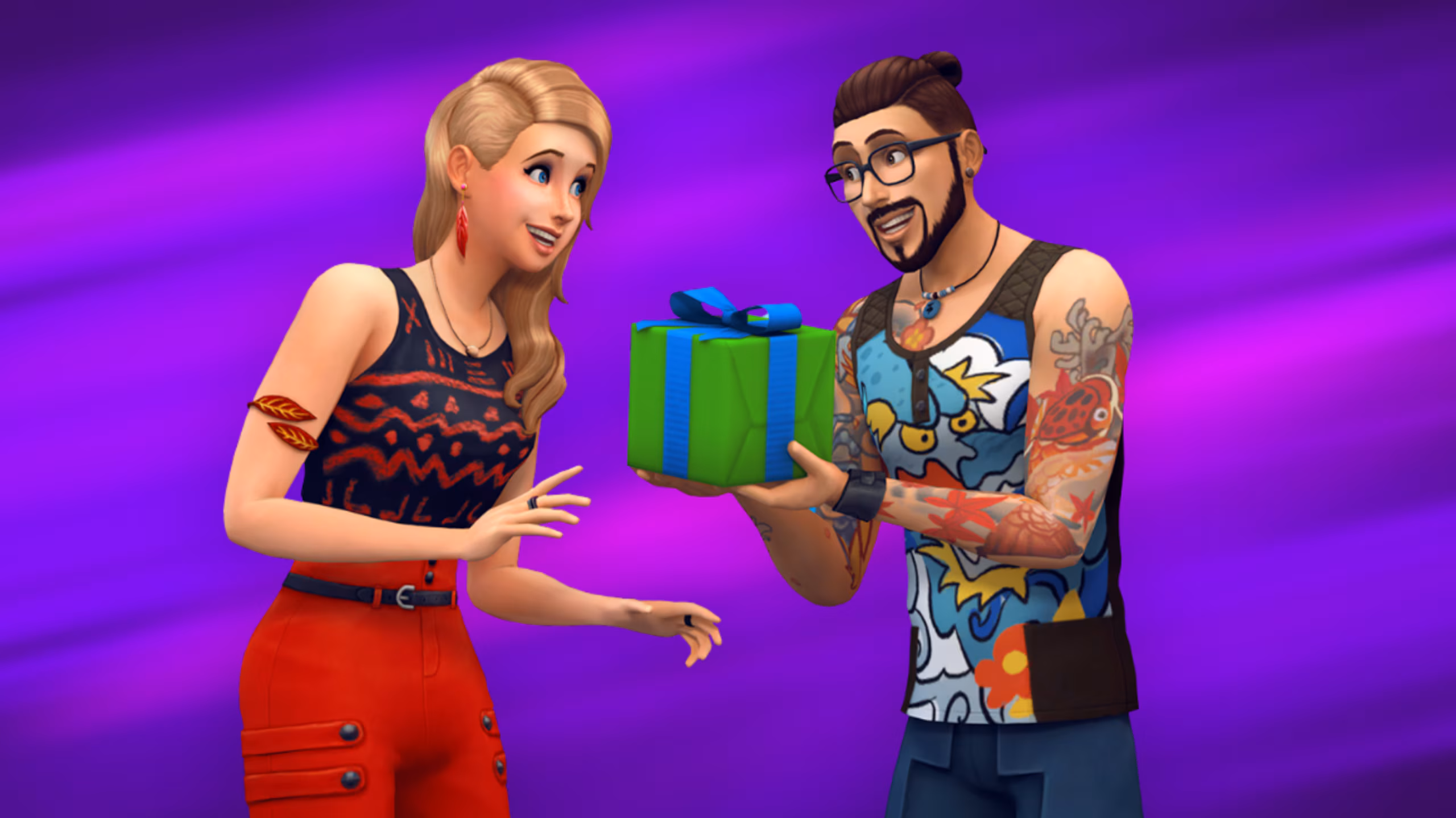 Afbeelding van een Sims koppel, waarbij de man de vrouw een cadeau geeft