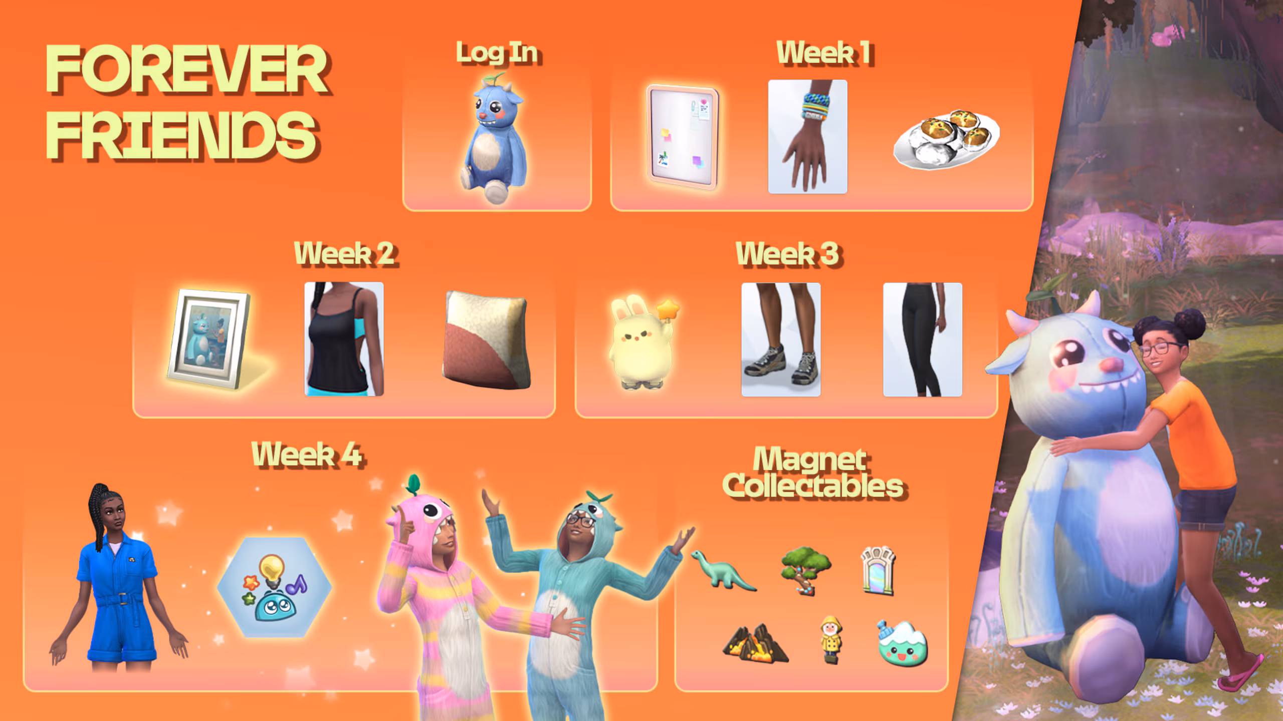 Verschillende Sims 4 items opgedeeld in weken met de tekst Forever Friends